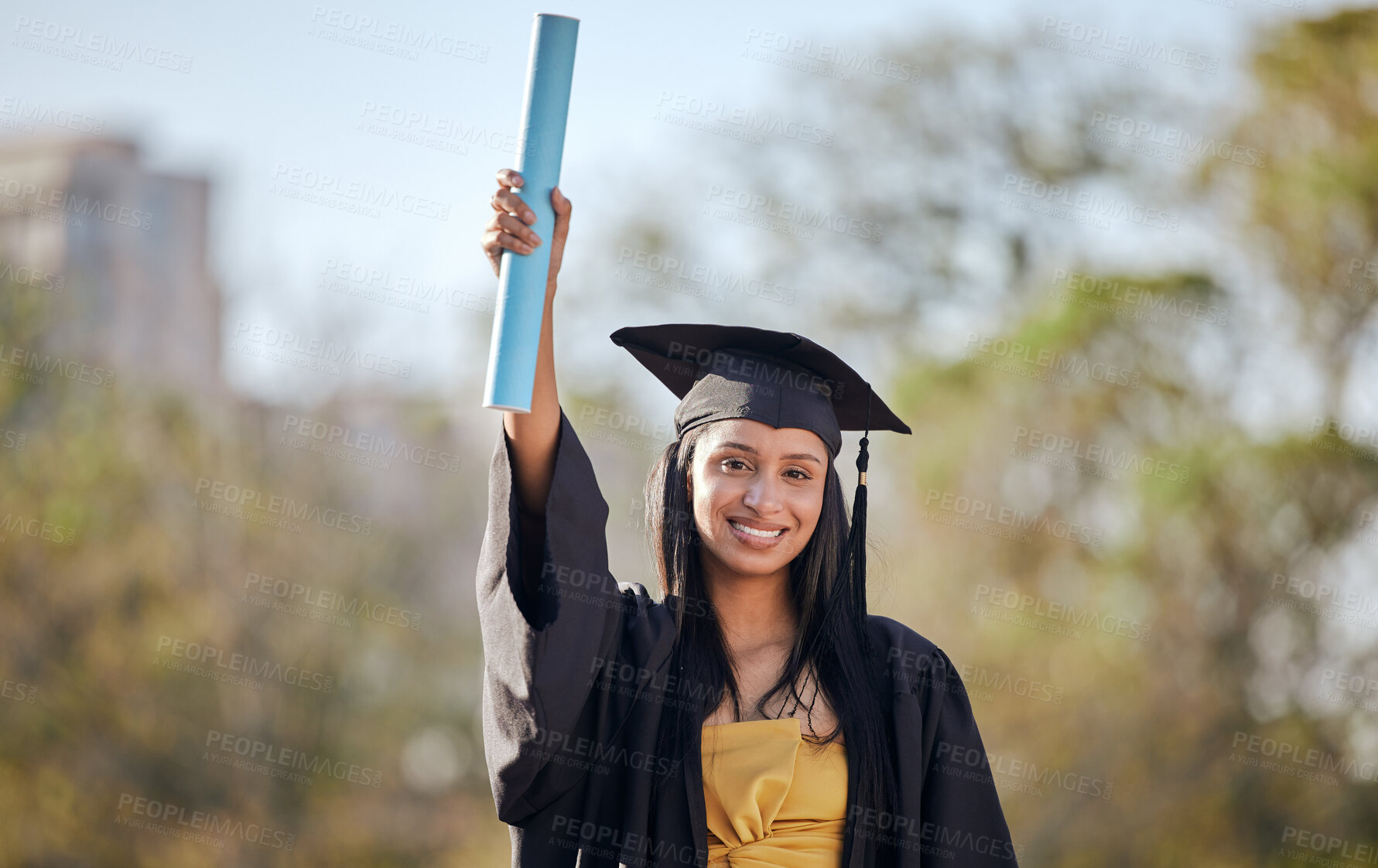 Buy stock photo Graduation, happy and portrait of woman with scroll on university campus for education achievement. Smile, future and female student graduate with college diploma, degree or certificate to celebrate.