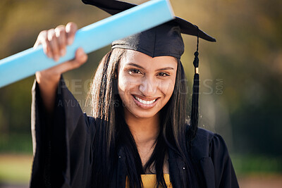 Buy stock photo Graduation, excited and portrait of woman with degree on university campus for education achievement. Happy, future and female student graduate with college diploma, scroll or certificate with pride.