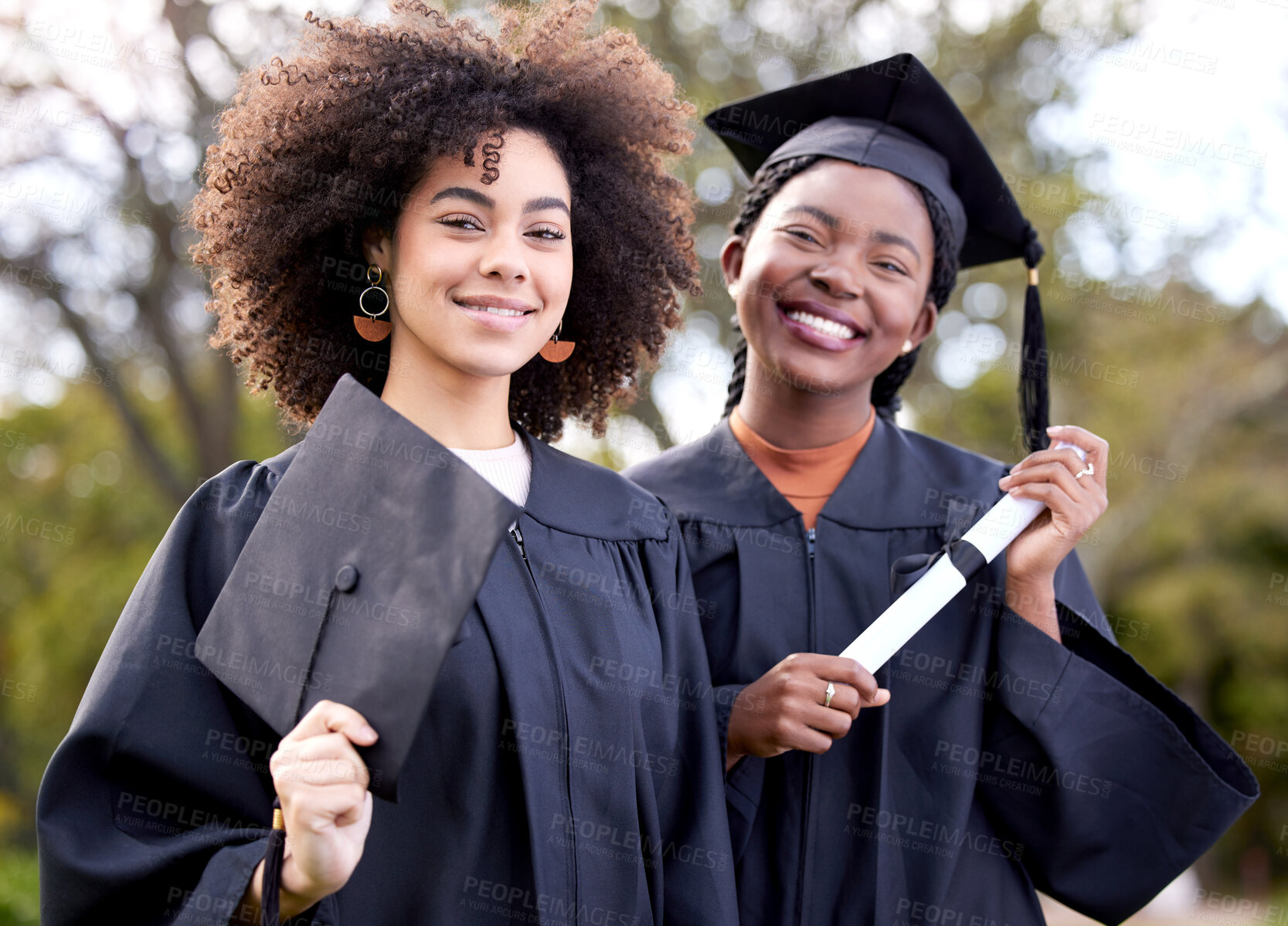 Buy stock photo Portrait, friends and women celebrate graduation outdoor at university campus together. Student, face and happy girls graduate at college for education achievement with certificate scroll for success