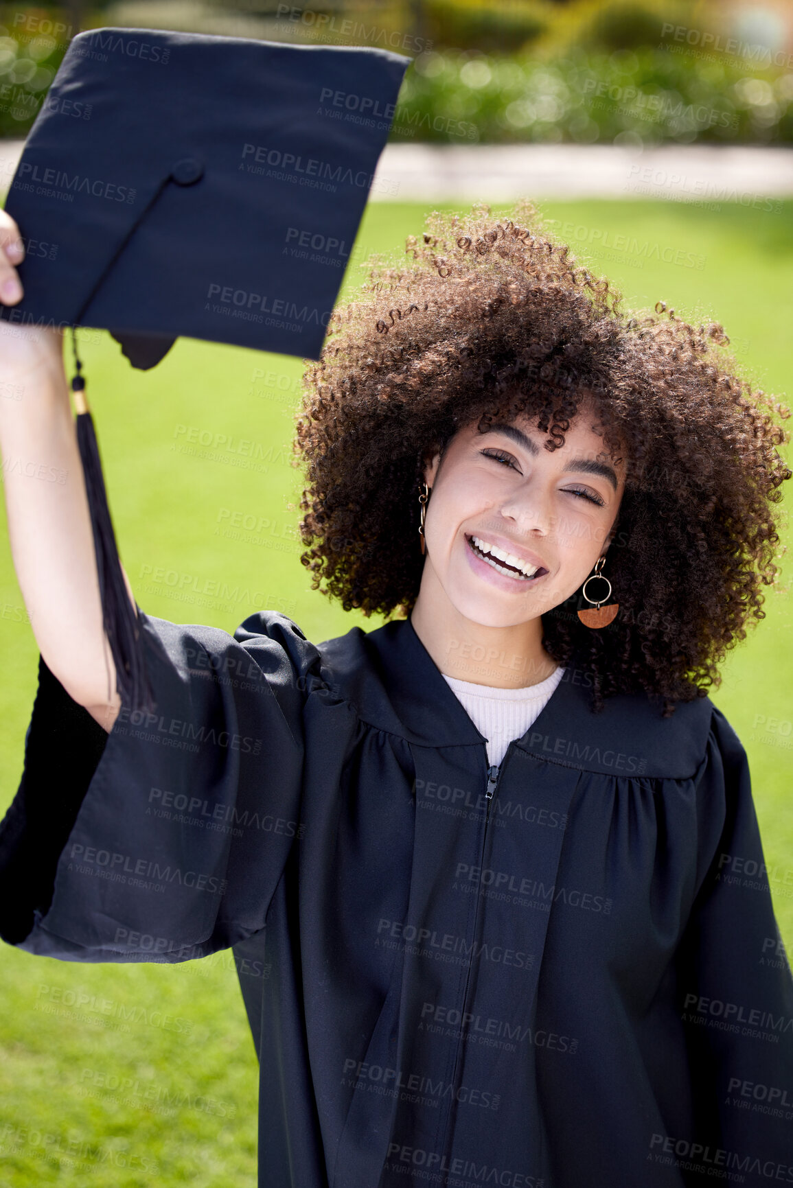 Buy stock photo Woman, smile in portrait with graduation cap and success, education qualification and achievement with happiness. Certificate, degree and diploma with female graduate, celebration and university