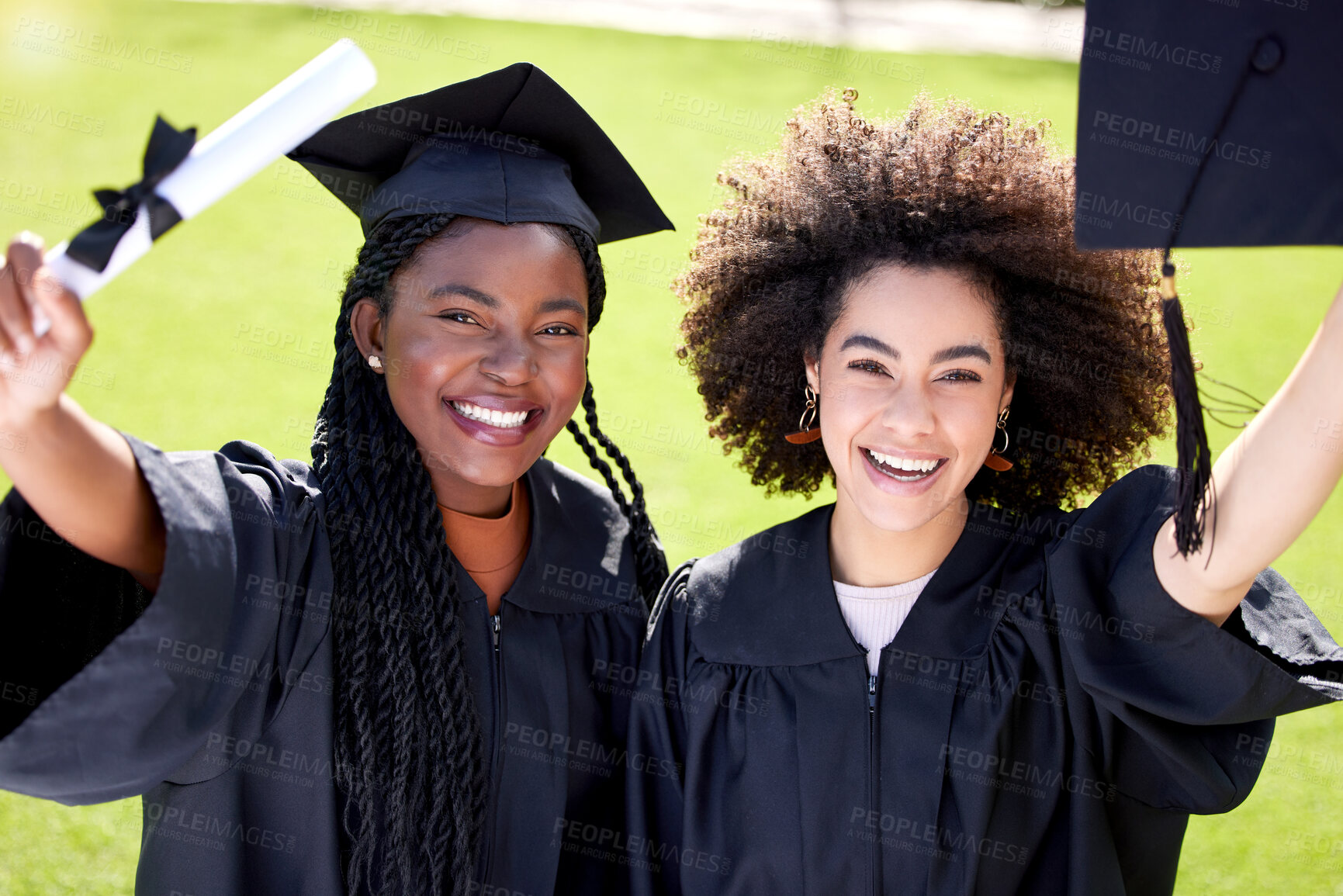 Buy stock photo Graduation, friends and happy women celebrate in portrait outdoor at university campus together. Student, face and girls graduate at college for education achievement with certificate for success