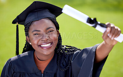 Buy stock photo Black woman, smile in portrait with diploma and graduation, education success and achievement with happiness. Certificate, degree and qualification with female graduate, celebration and university