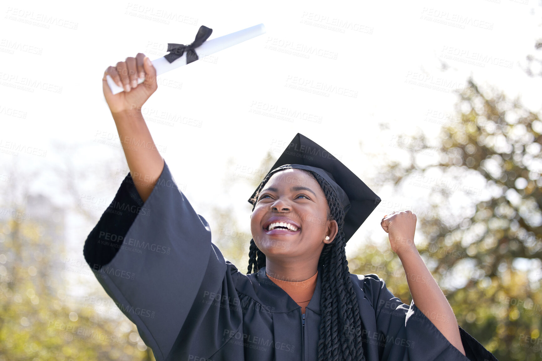 Buy stock photo Young, black woman and graduation with success in outdoor for education, winning for future with knowledge. Female student, university and goals with certificate, excited for diploma with scholarship