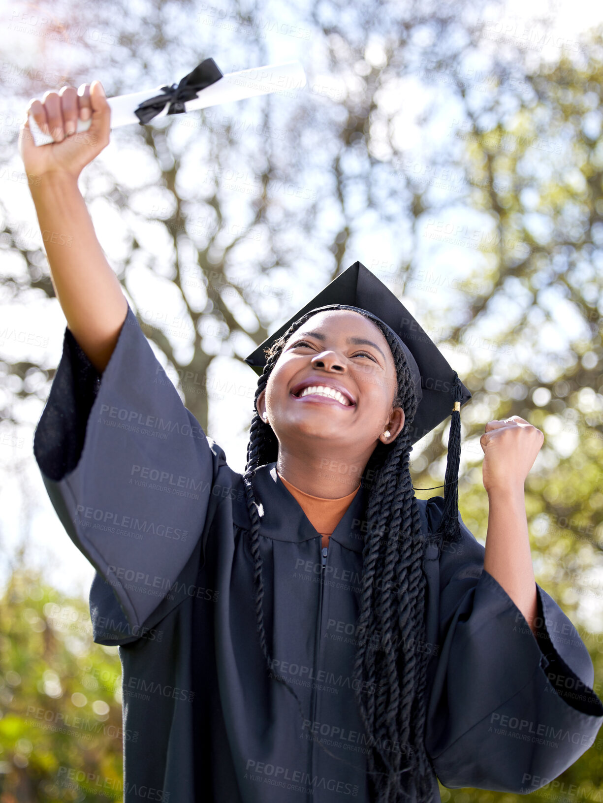 Buy stock photo Black woman, smile or graduation with celebrate in outdoor for education, winning for future with knowledge. Female student, university or goals with certificate, excited for diploma with scholarship