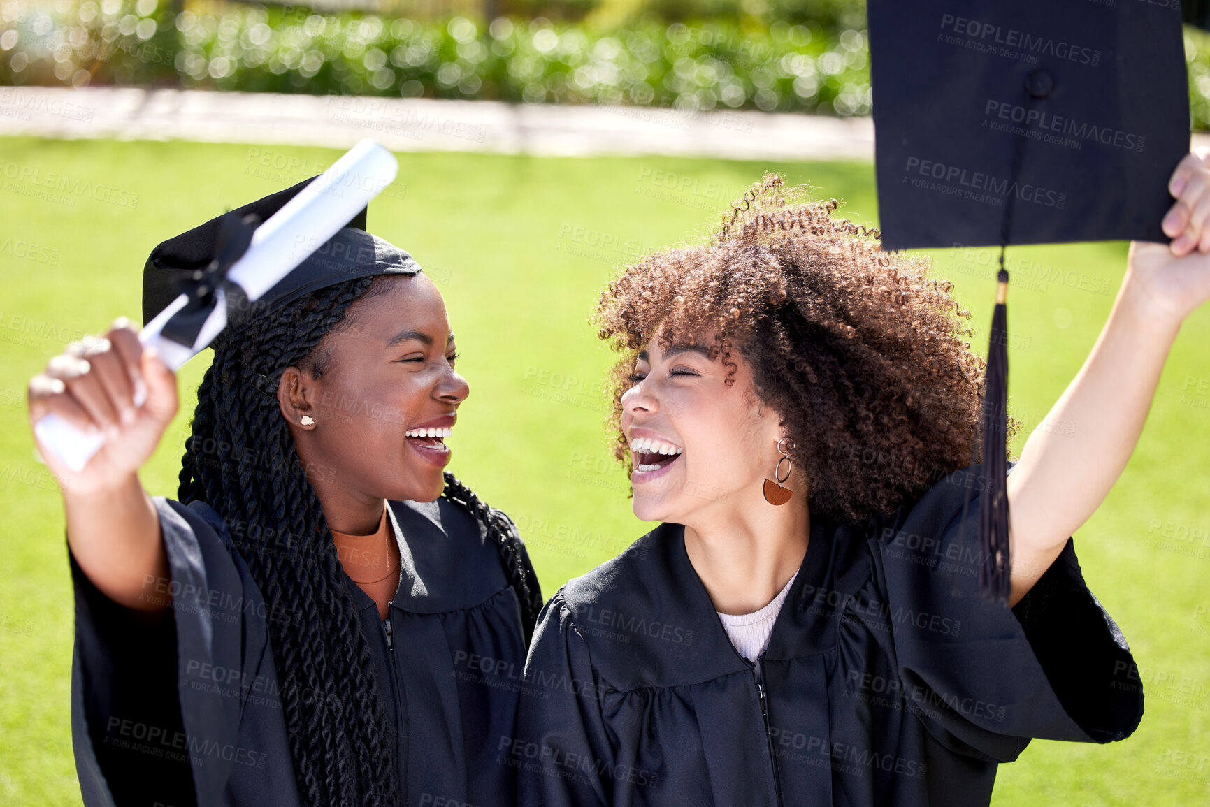 Buy stock photo Excited, friends and women celebrate graduation outdoor at university campus together. Student, laugh and happy girls graduate at college for education achievement with certificate scroll for success