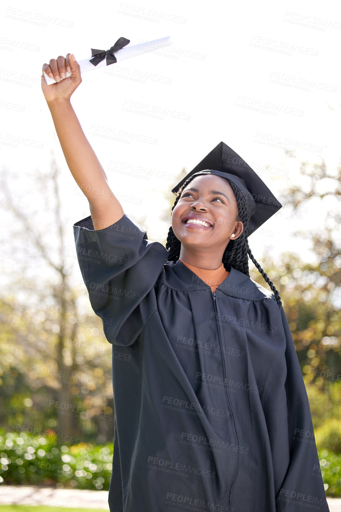 Buy stock photo Young, woman and graduation with winning in outdoor for education, success for future with knowledge. Female student, university and goals with certificate, excited for diploma with scholarship