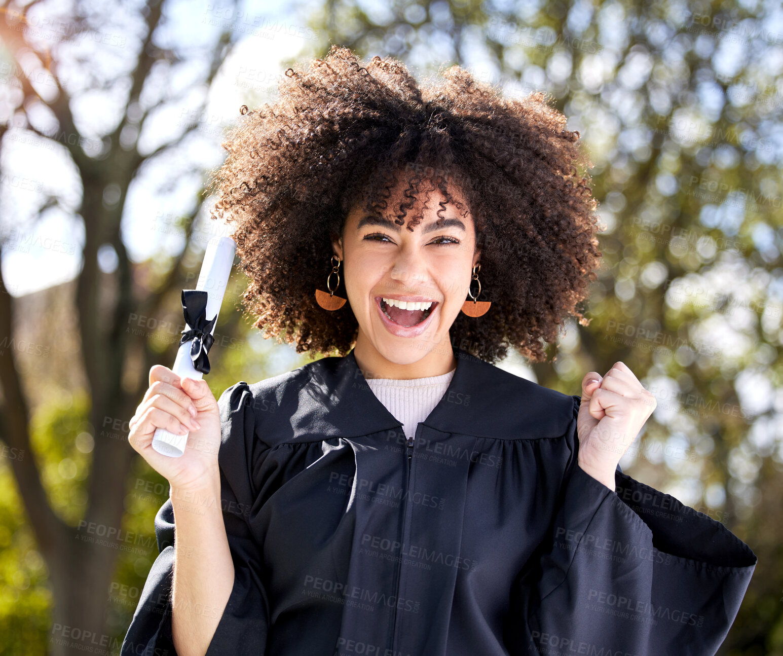 Buy stock photo Graduation, portrait and excited woman with certificate to celebrate success, yes or education achievement at college campus. Face, student and happy graduate with diploma scroll for cheers at garden