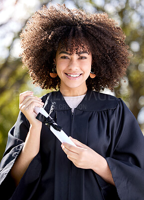 Buy stock photo Woman, happy in portrait with diploma and success, education qualification and achievement with happiness. Certificate, degree and academic win with female graduate smile, celebration and college