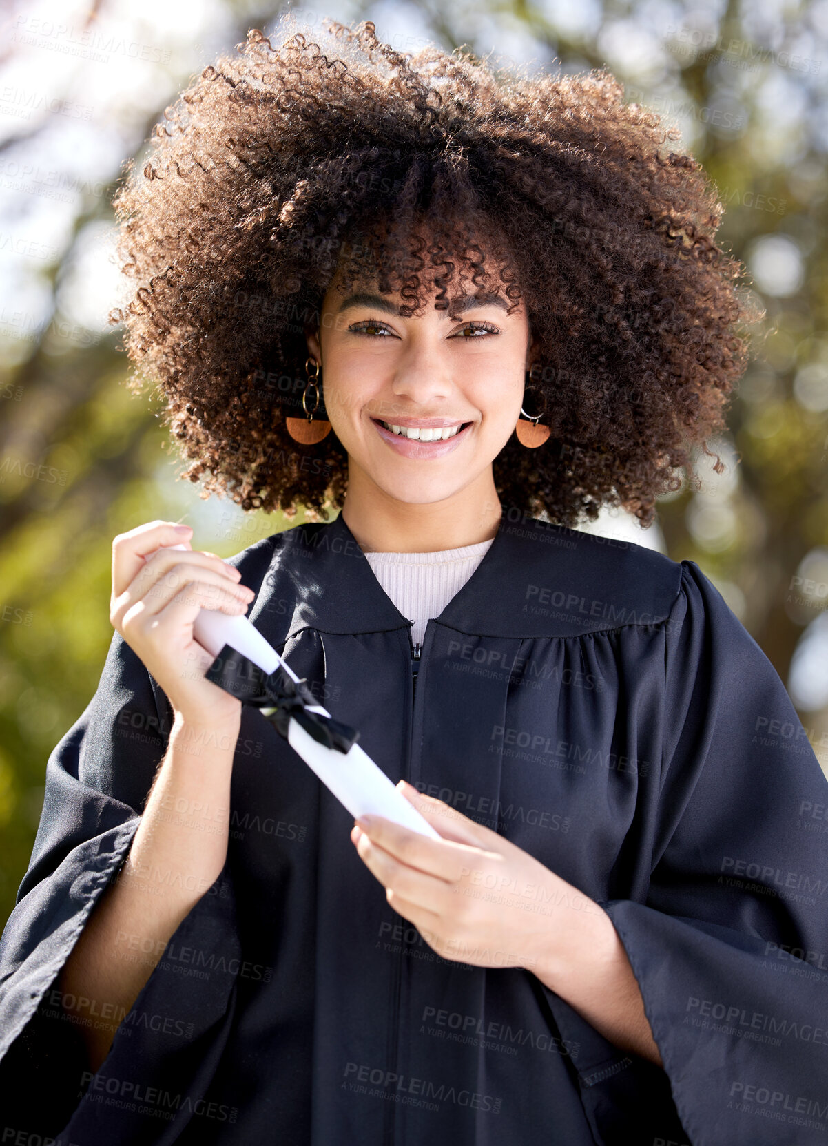 Buy stock photo Woman, happy in portrait with diploma and success, education qualification and achievement with happiness. Certificate, degree and academic win with female graduate smile, celebration and college