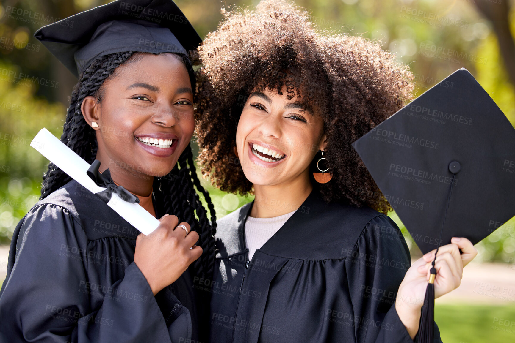 Buy stock photo Friends in portrait, graduation and university with achievement and women, education success and happy. Certificate, diploma and qualification, female people graduate college with happiness at event