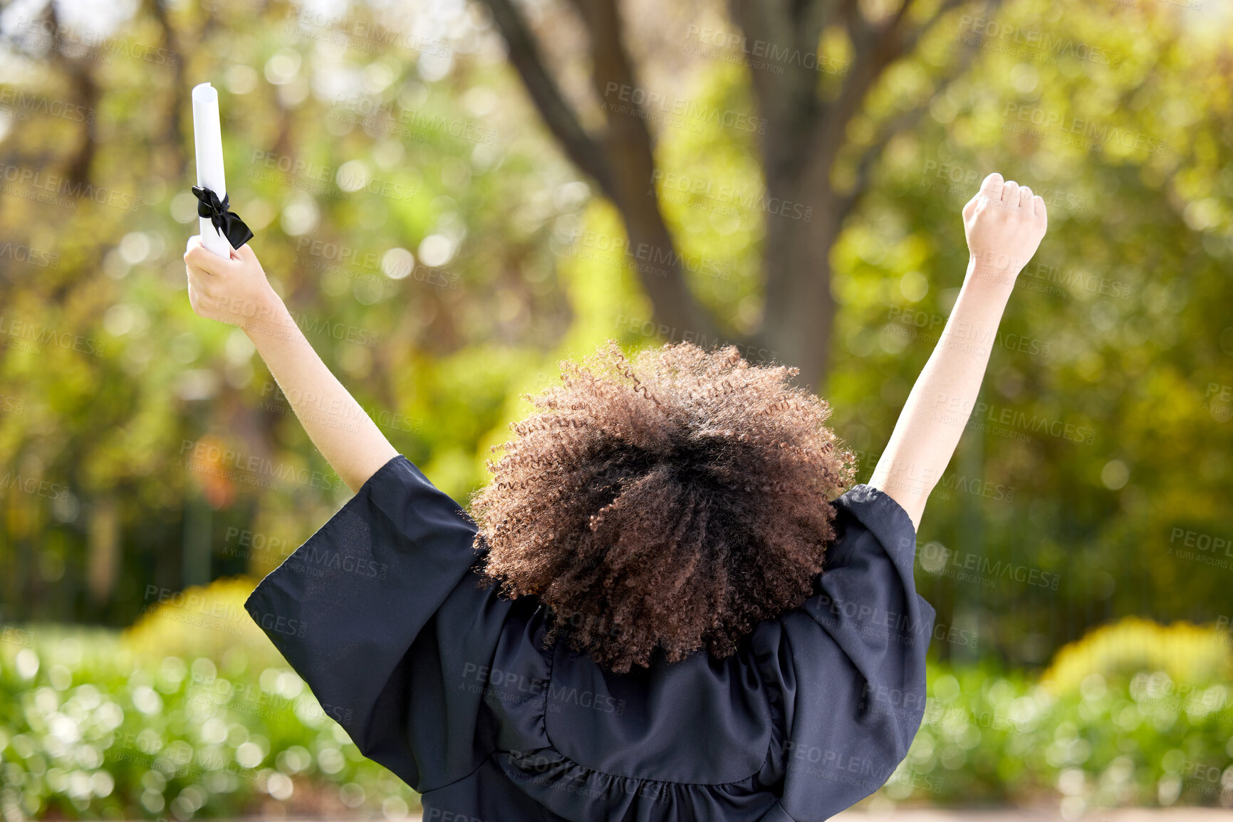 Buy stock photo Back, graduation and freedom with college student at university ceremony for celebration or success. Achievement, certificate and education person outdoor on campus for milestone, goals or target