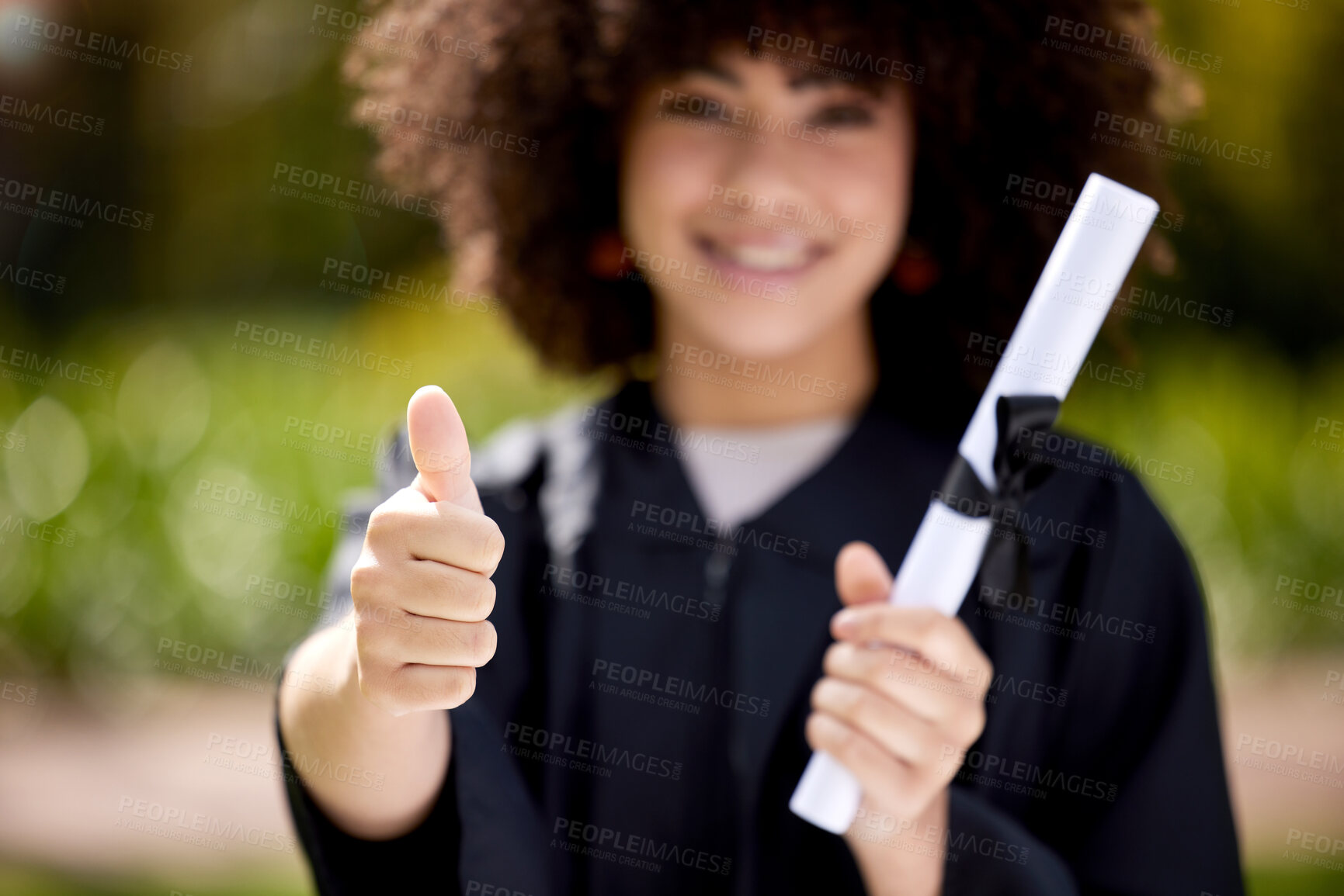 Buy stock photo University, thumbs up and portrait of woman at graduation with degree for success, achievement and education. College, school and student with emoji for okay sign, yes and happy with certificate