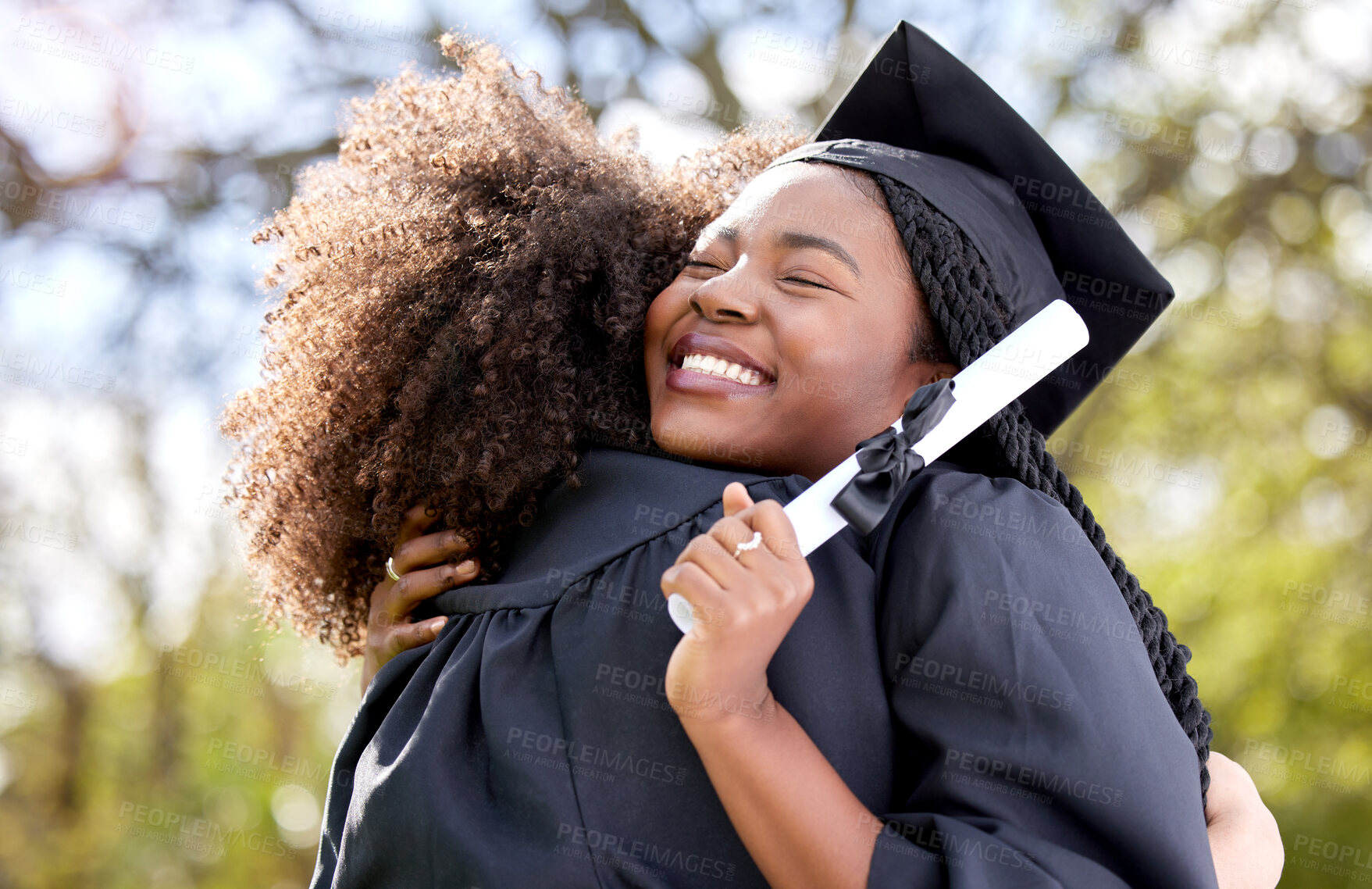 Buy stock photo Friends hug, graduation and university with achievement and women with degree, education success and happy outdoor. Certificate, diploma and female people graduate college with happiness and embrace