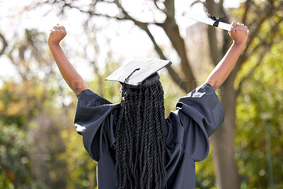 Buy stock photo Back, celebration and black woman outdoor, graduation and diploma with success, certificate and university. Female person, graduate and girl outside, event and degree with scholarship and achievement