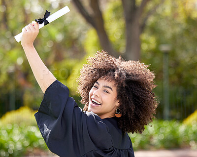 Buy stock photo Graduate, portrait and excited woman with diploma for success, achievement and celebrate at college campus. Face, graduation and student cheers with certificate scroll at park for education in Brazil