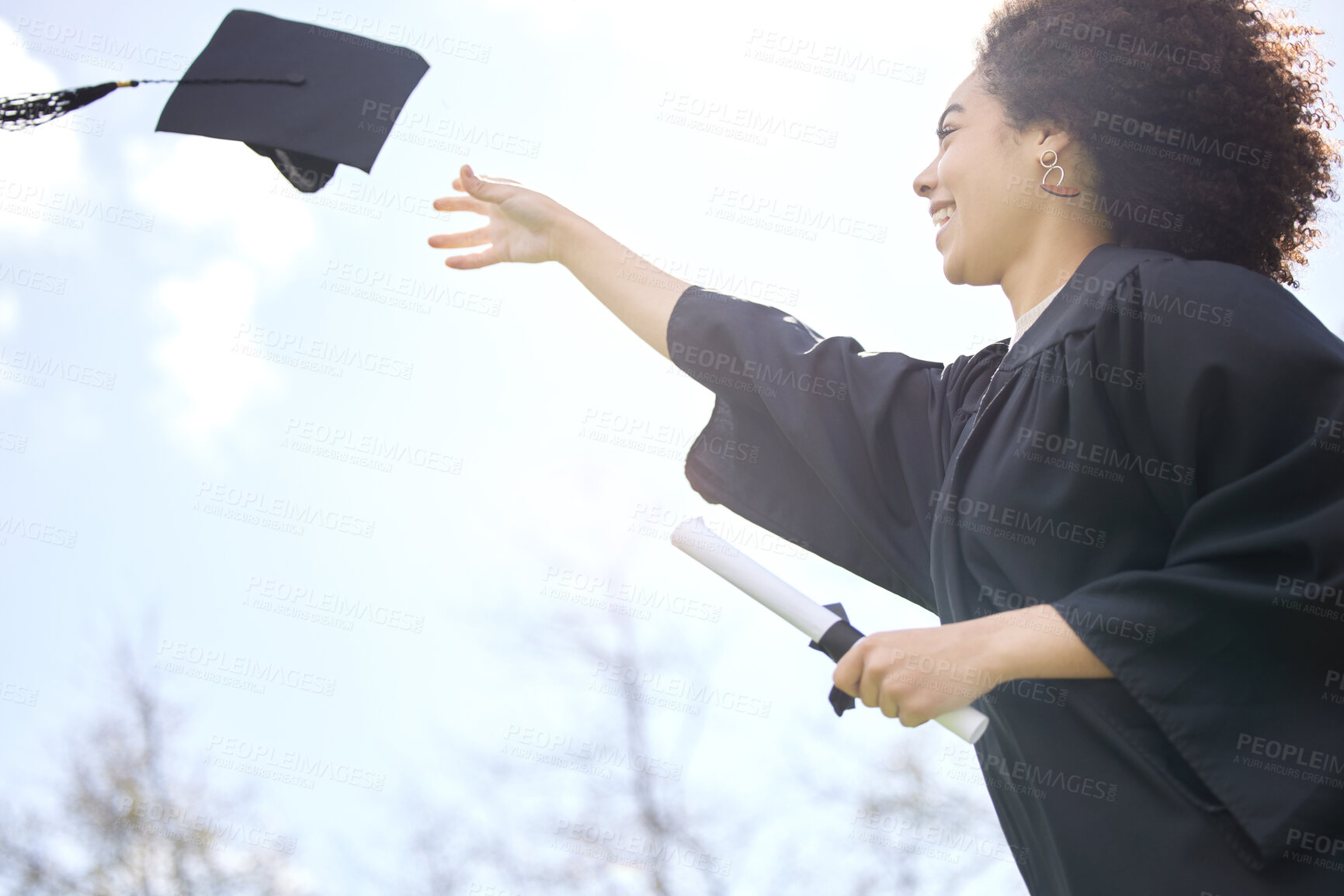 Buy stock photo Outdoor, woman and cap in air for graduation with university degree, scholarship and college achievement. Graduate girl, happiness and throw hat for academic excellence ceremony in Los Angeles campus