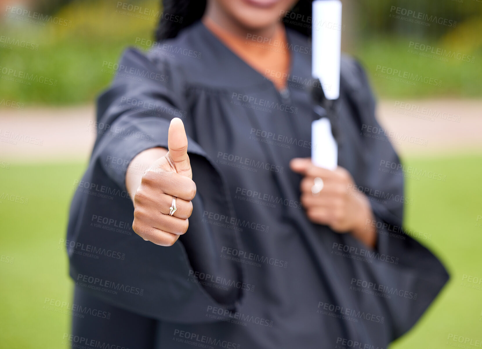 Buy stock photo University, thumbs up and woman at graduation with degree for success, achievement and education. College, school and student with emoji gesture for okay sign, yes and thank you with certificate