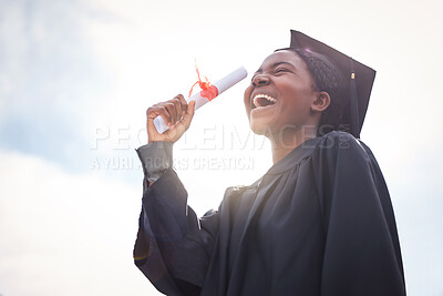 Buy stock photo Black woman, student and graduation with diploma or sky, university goals and education success or achievement. Certificate, happy and college or future hope with award, outside and academic degree