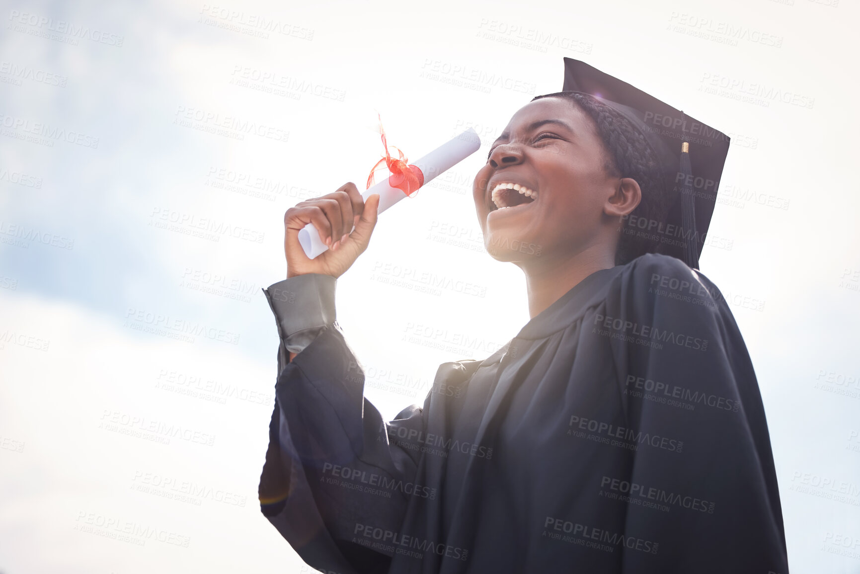 Buy stock photo Black woman, student and graduation with diploma or sky, university goals and education success or achievement. Certificate, happy and college or future hope with award, outside and academic degree