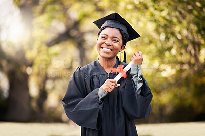 Buy stock photo Portrait, graduation or qualification with a student black woman at a university scholarship event. Education, smile or certificate with a happy female graduate standing outdoor on a college campus