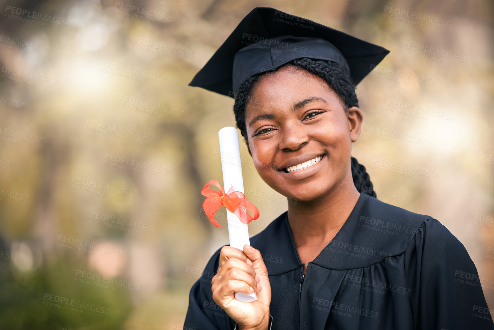 Buy stock photo Portrait, graduation or diploma with a student black woman on university campus at a scholarship event. Education, smile or certificate with a happy female pupil posing outdoor as a college graduate