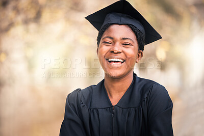 Buy stock photo Happy, university and portrait of black woman for graduation, ceremony and achievement. College graduate, academy and face of female student outdoors for education, school and success on campus