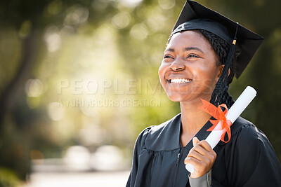 Buy stock photo Black girl, smile and diploma on graduation for celebration, accomplishment and achievement for future career. Student, scholarship and education milestone with pride, success and graduate ceremony.