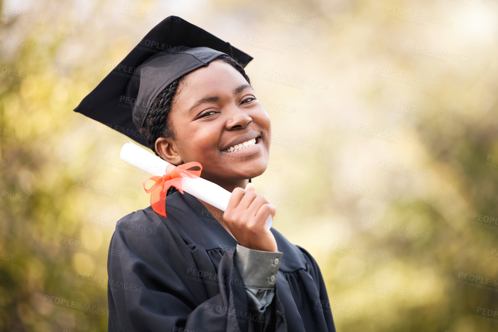 Buy stock photo Portrait, graduate or degree with a student black woman on university campus at a scholarship event. Education, smile or certificate with a happy female pupil standing outdoor for college graduation