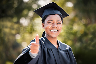 Buy stock photo Woman, thumbs up and graduation with student portrait, good job and like hand gesture for excellent education. Success, achievement and African female person, certificate ceremony and university goal