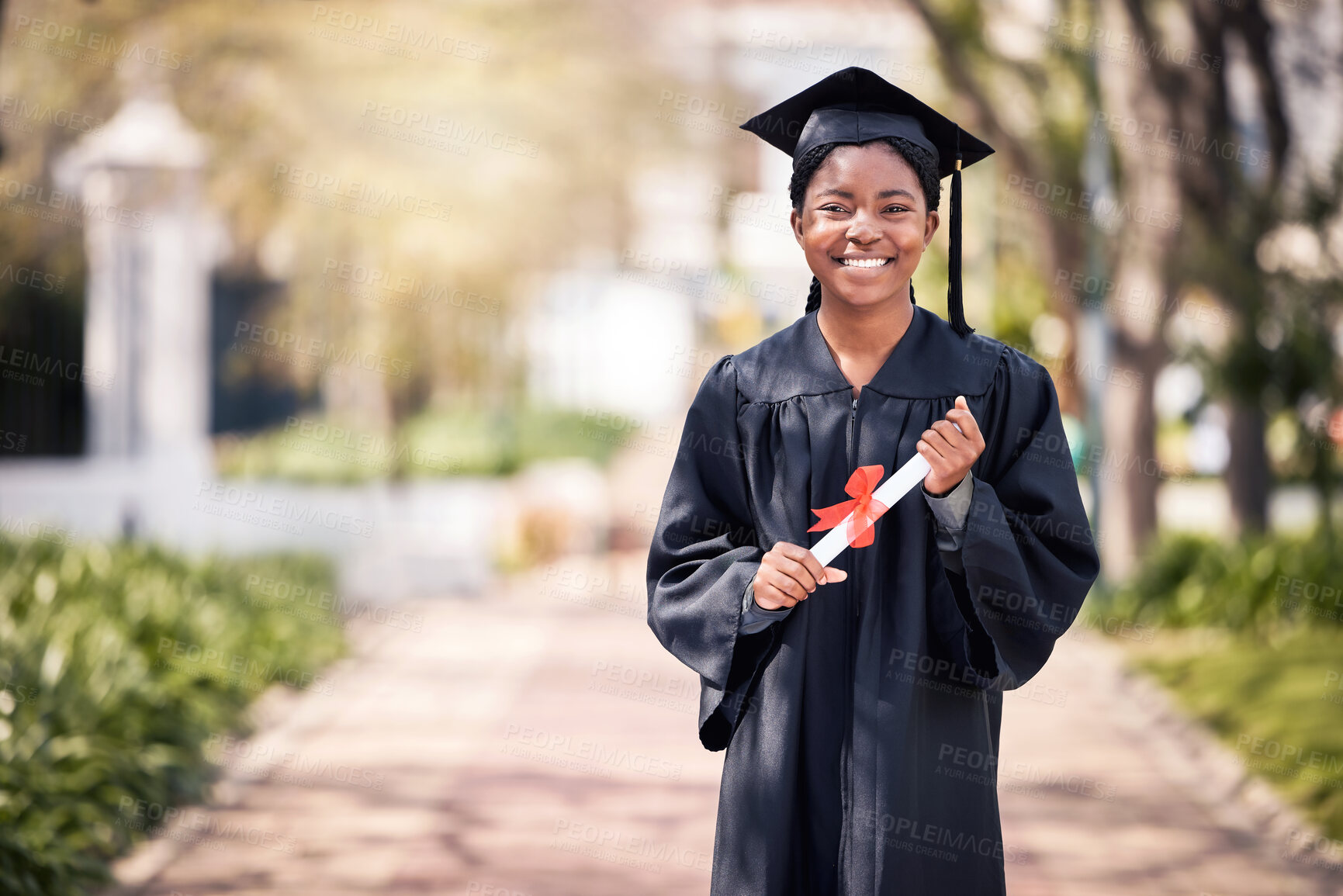 Buy stock photo Portrait, scholarship or certificate with a graduate black woman on university campus at a celebration event. Education, smile or mockup with a happy female pupil alone outdoor for college graduation