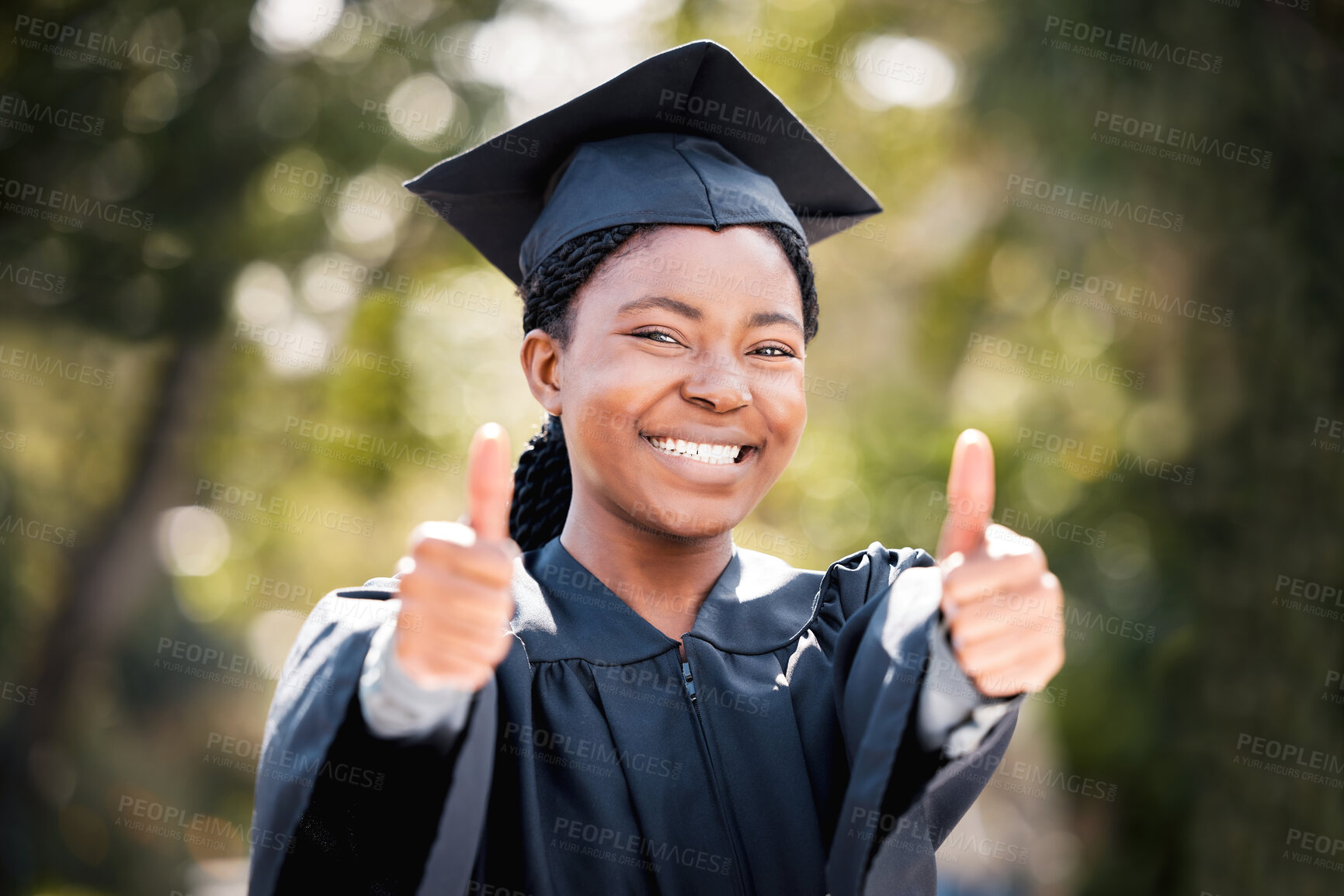 Buy stock photo Woman, thumbs up and portrait for graduation with student, good job and hand gesture for excellent education. Success, achievement and future hope, certificate ceremony and university goal with pride