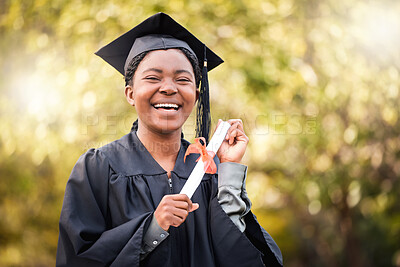 Buy stock photo Portrait, graduate or certificate with a student black woman on university campus at a scholarship event. Education, smile or degree with a happy female pupil standing outdoor for college graduation