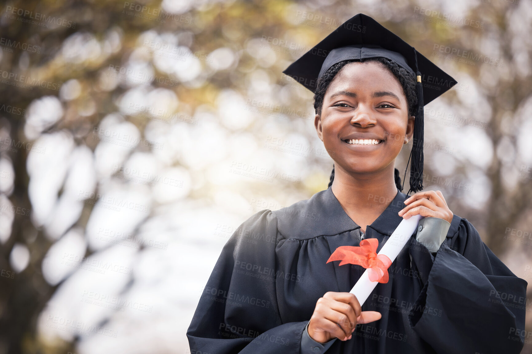 Buy stock photo Portrait, smile or certificate with a graduate black woman on university campus at a scholarship event. Education, graduation or degree with a happy female pupil standing outdoor as a college student