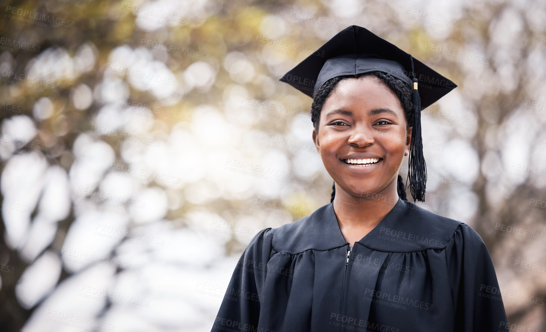 Buy stock photo Black girl, happy and portrait on graduation for celebration, accomplishment and achievement for future career. Student, scholarship and education milestone with pride, success and graduate ceremony.