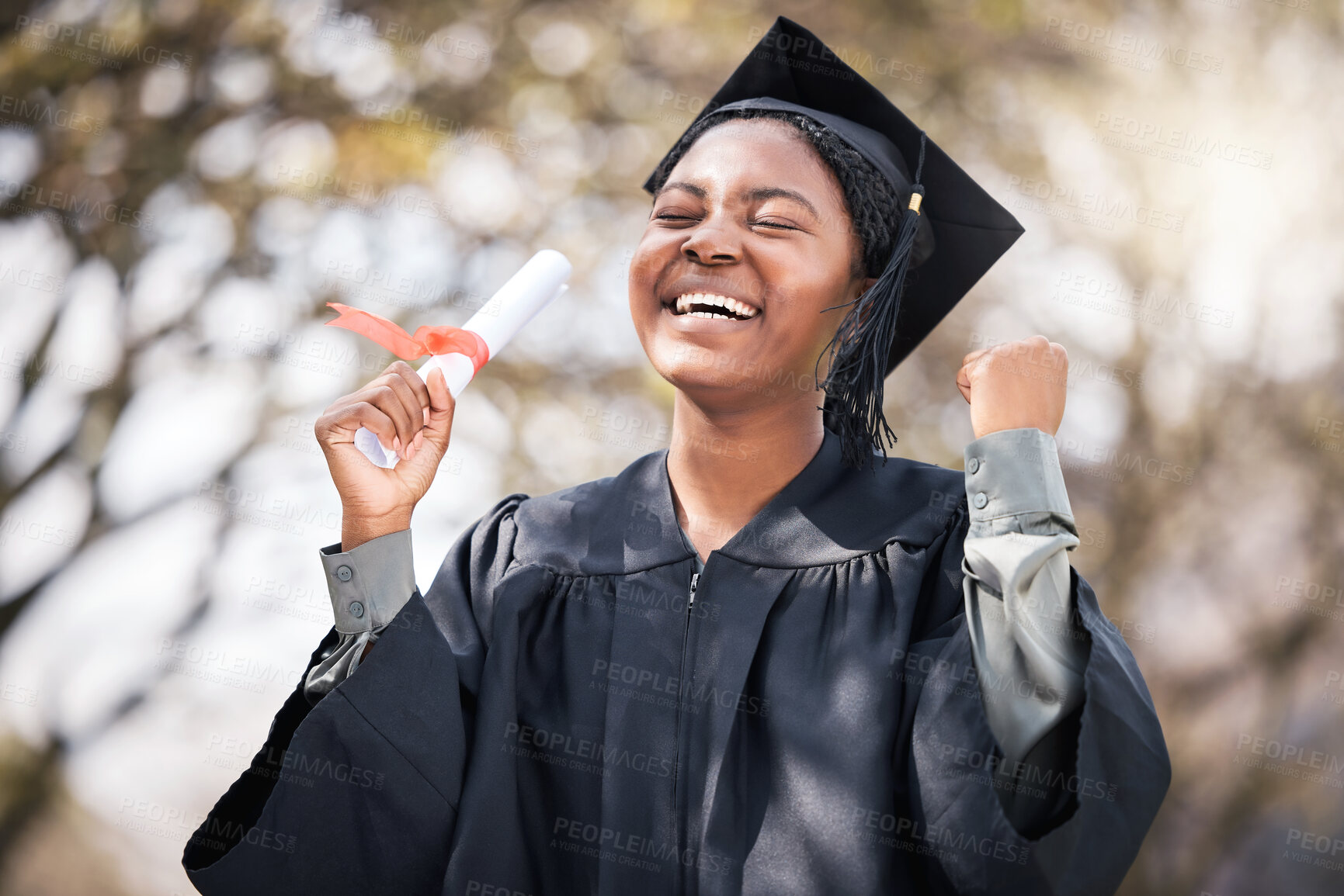 Buy stock photo Woman, student and graduation or diploma with eyes closed, university goals and education success or achievement. Certificate, happy and college or future hope with award, outside and academic degree