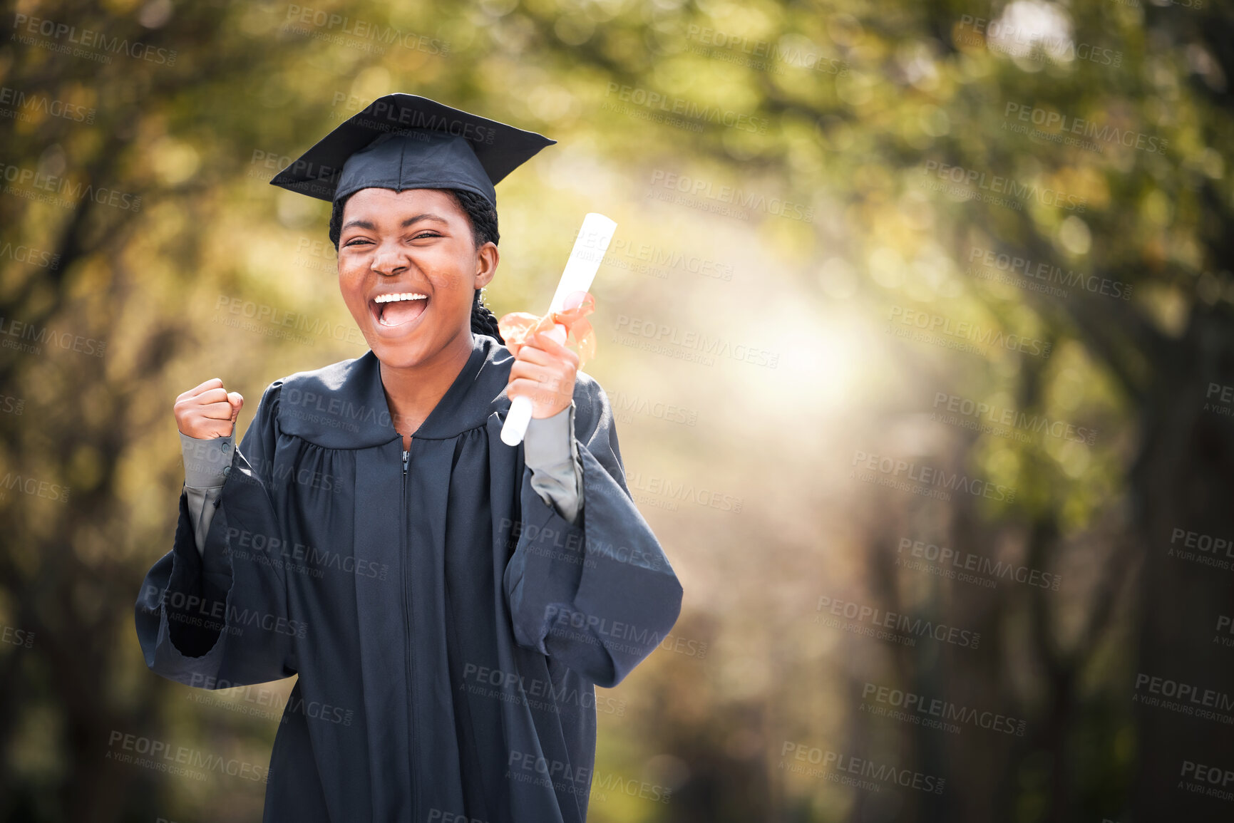 Buy stock photo Excited, university and portrait of black woman for graduation, ceremony and achievement. College graduate, academy and student outdoors with degree for education, learning and studying on campus