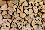 Preparation of firewood for the winter. Stacks of firewood in the forest. Firewood background. Sawed and chopped trees. Stacked wooden logs. 