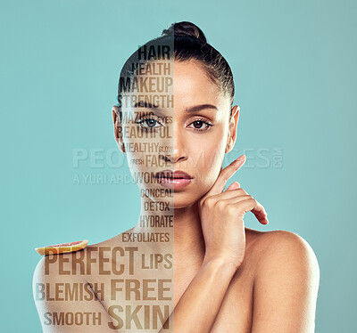 Buy stock photo Shot of a beautiful young woman with graphics against a studio background