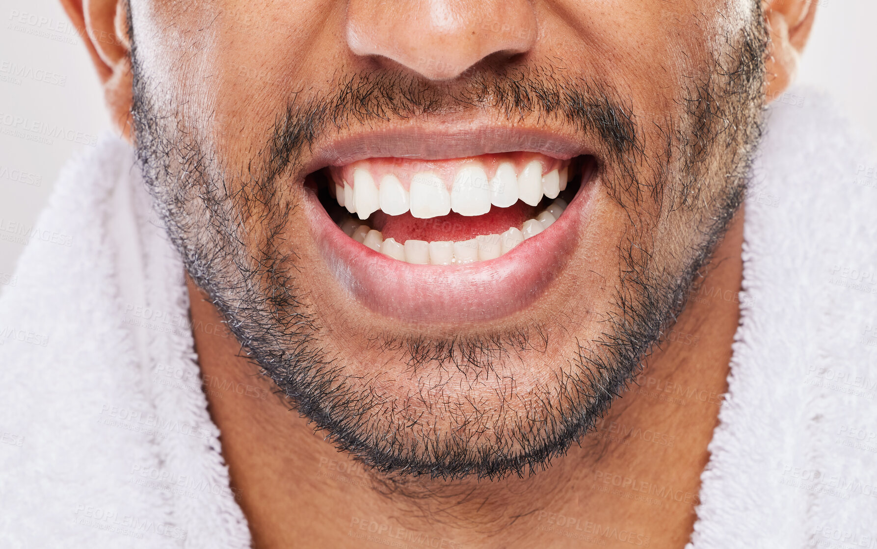 Buy stock photo Man, smile and teeth whitening results in studio for health, wellness and bad breath by backdrop. Male person, dental care and mouth of model with happiness for morning, cleaning and tooth grooming