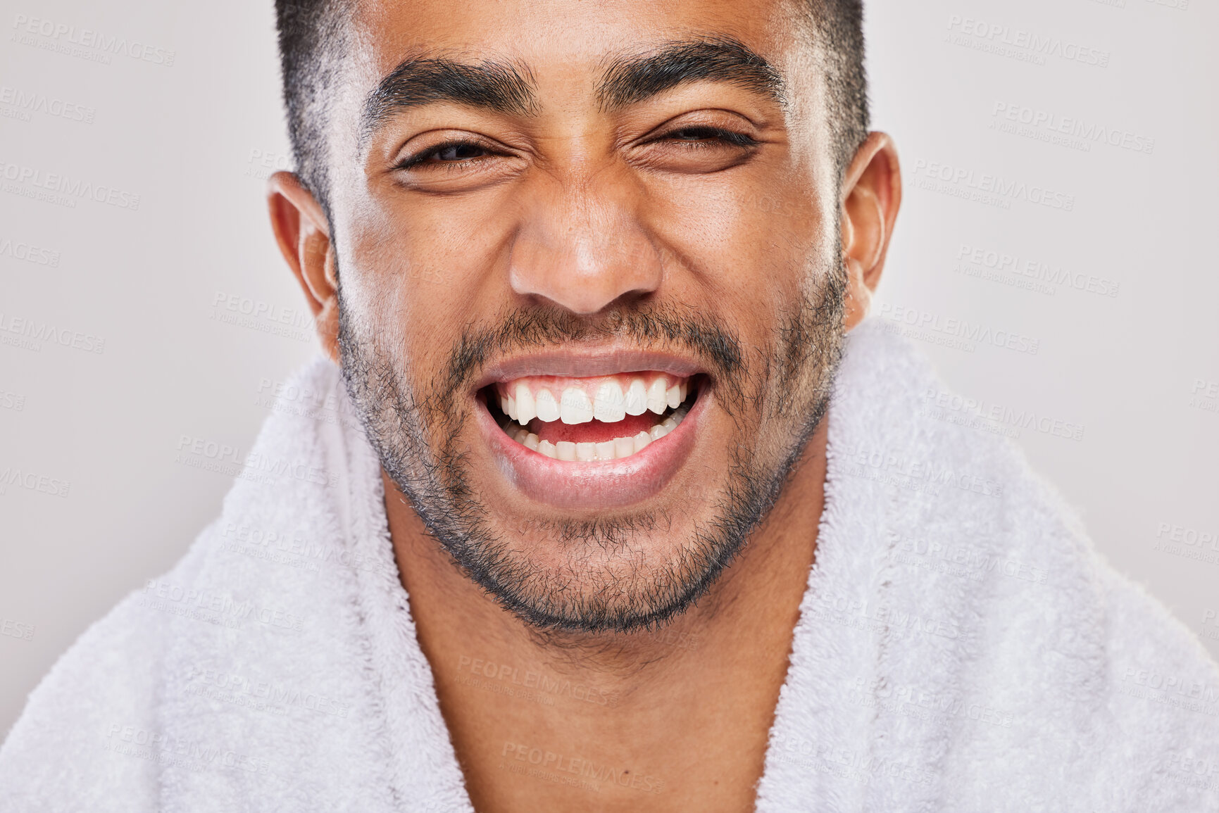Buy stock photo Man, portrait and happiness for teeth whitening in studio with health, wellness and smile by backdrop. Male person, dental care and bad breath treatment for mouth, cleaning an grooming with pride