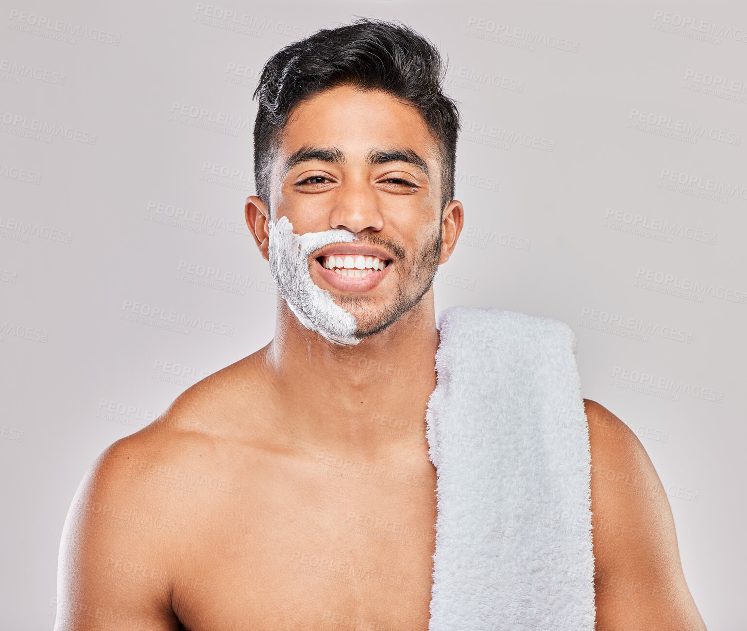 Buy stock photo Grooming, male person and shaving in portrait, routine and wellness in skincare, hygiene and grey background. Man, cosmetics and fresh for confidence, masculine and hair removal product in studio