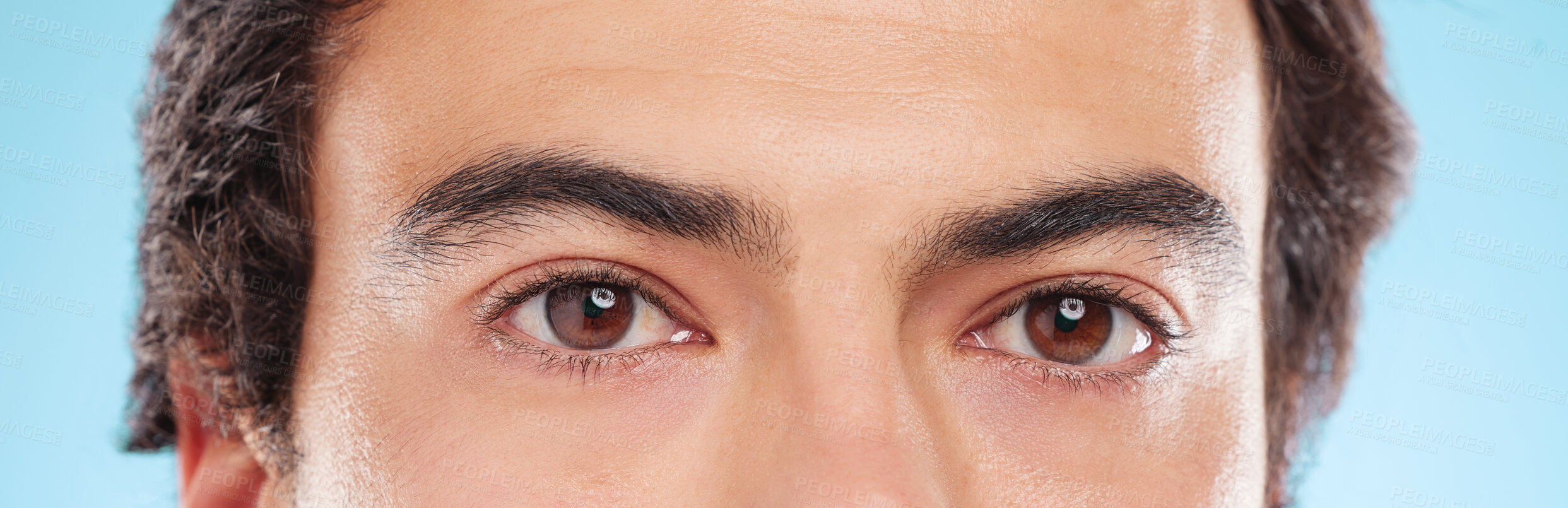 Buy stock photo Portrait, eyes and closeup of man, vision and eyecare with microblading, eyebrow and calm for test. Blue background, wellness and treatment for person, eyelash extension and exam for ophthalmology