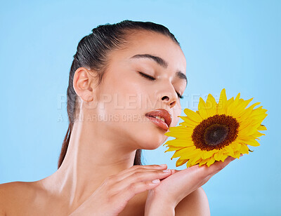 Buy stock photo Studio shot of an attractive young woman posing with a sunflower against a blue background