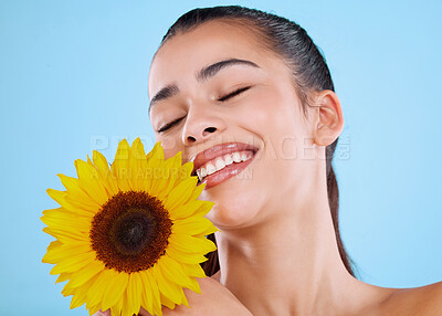 Buy stock photo Studio shot of an attractive young woman posing with a sunflower against a blue background
