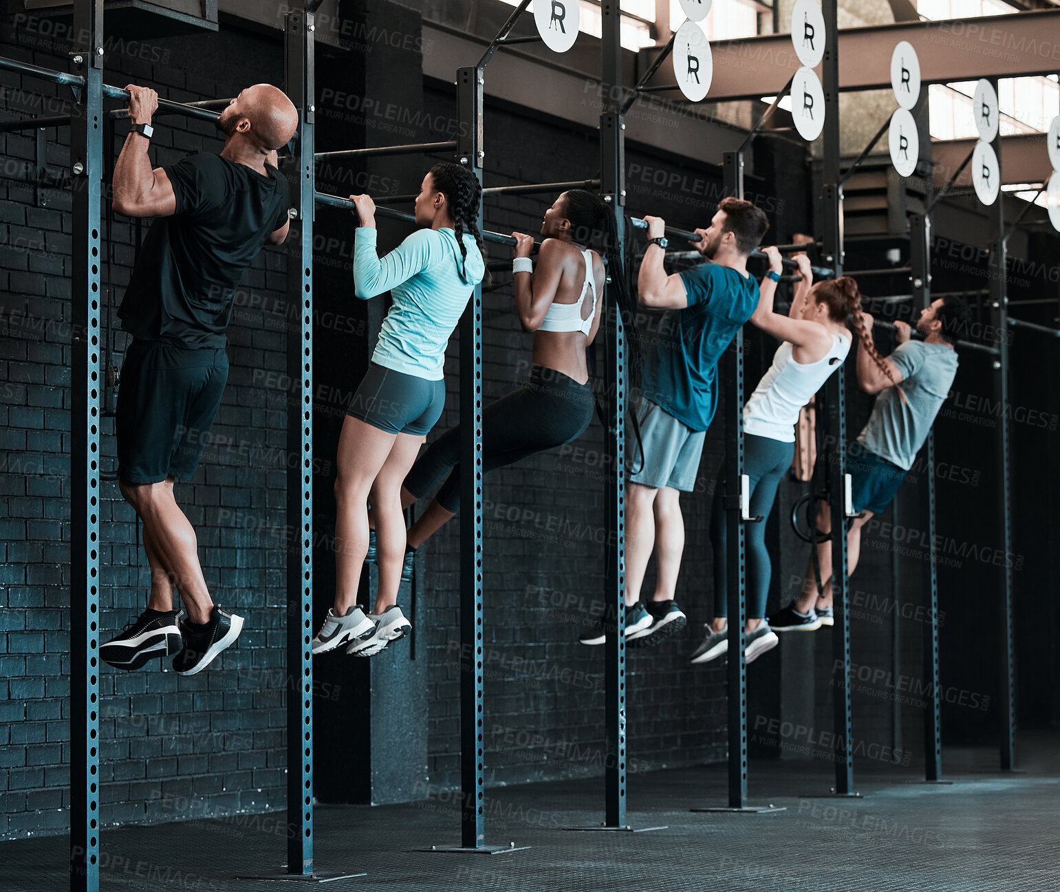 Buy stock photo People, group and exercise with pull ups, training and endurance with fitness, workout goal and motivation. Athletes, men and women with wellness, sports and healthy in a gym, dedication and strength