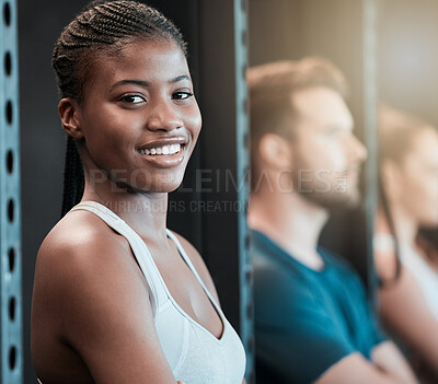 Buy stock photo Shot of a young woman happily waiting with her friends to workout
