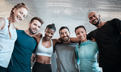 Buy stock photo Shot of a group of workout partners together at the gym