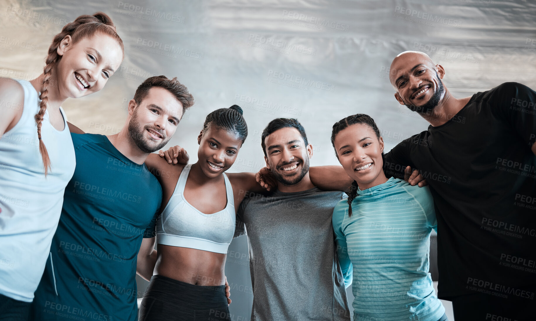 Buy stock photo Group, portrait and diversity for workout, gym training and exercise class or healthcare for bonding and wellness. People, smile and motivation for sports, teamwork or support for collaboration