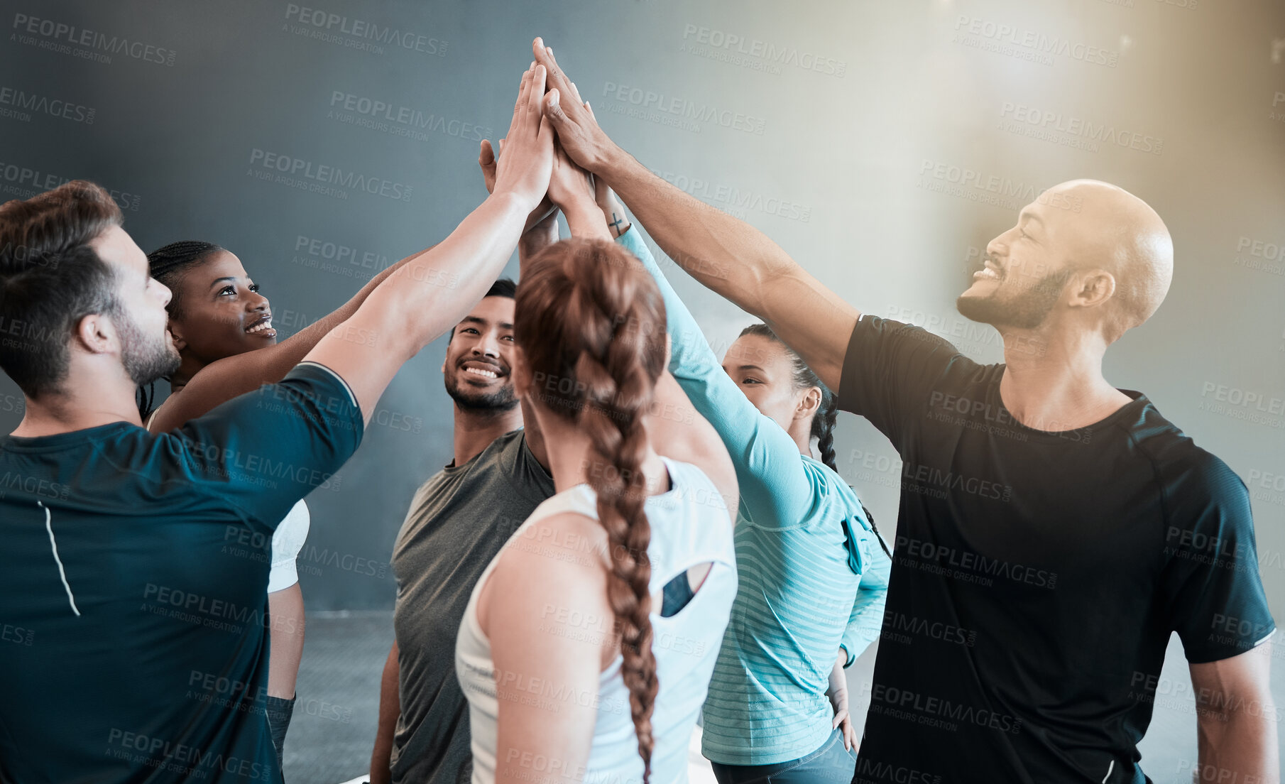 Buy stock photo Wellness, high five and people with training, celebration and happiness with support, bonding together and teamwork. Endurance, challenge or healthy group with hand gesture, workout or exercise goals