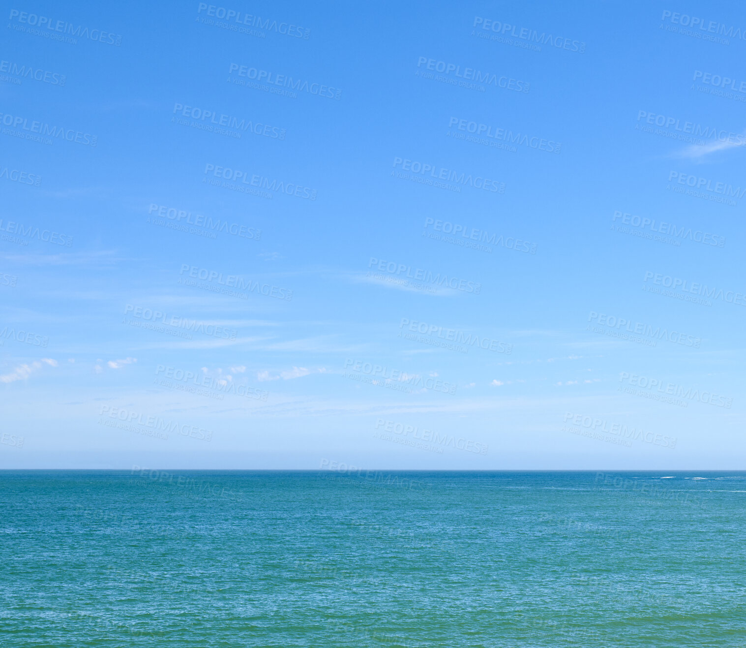 Buy stock photo Beautiful, calm and quiet view of the beach, ocean and sea against a clear blue sky copy space background on a sunny day. Peaceful, scenic and tranquil landscape to enjoy a relaxing coastal getaway